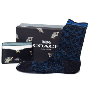 画像1: 【COACH】コーチ コーティングキャンバス クロスグレインレザー シグネチャー パーティー アウル ふくろう プリント カードケース+ソックス 靴下 専用BOX付 2点セット ブラックマルチ（日本未発売）