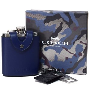 画像1: 【COACH】コーチ コーティングキャンバス スムースレザー メタル シグネチャー ウイスキー ボトル フラスコ＋ボトルオープナー キーフォブ 専用BOX付 2点セット ブルーマルチ〔日本未発売〕