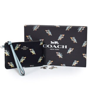 画像1: 【COACH】コーチ コーティングキャンバス スムースレザー パーティー アウル ふくろう プリント  星 スター チャーム コーナー ジップ リストレット ポーチ 専用BOX付 ブラックマルチ〔日本未発売〕