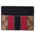 【COACH】コーチ メンズ コーティングキャンバス カーフレザー シグネチャー ヴァーシティー ストライプ スリム パスケース カードケース タン×ソフトレッド（日本未発売）