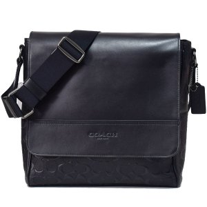 画像1: 【COACH】コーチ メンズ クロスグレインレザー カーフレザー シグネチャー ヒューストン マップ ショルダー バッグ ブラック〔日本未発売〕