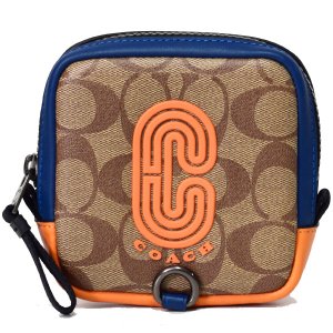 画像1: 【COACH】コーチ メンズ コーティングキャンバス スムースカーフレザー シグネチャー ロゴ パッチ カラーブロック スクエア ハイブリッド カラビナ付き ポーチ タン×アドミラルマルチ〔日本未発売〕