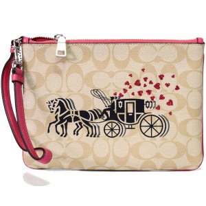 画像1: 【COACH】コーチ コーティングキャンバス スムースレザー シグネチャー ホース アンド キャリッジ ハート モチーフ リストレット ギャラリー ポーチ クラッチ ミニ ハンドバッグ ライトカーキマルチ×ポピー〔日本未発売〕