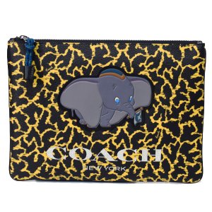 画像1: 【COACH】コーチ ディズニー コラボ コーティングキャンバス カーフレザー ウェーブ アニマル プリント アンド ダンボ ラージ ポーチ クラッチバッグ イエローマルチ（日本未発売）