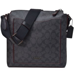 画像1: 【COACH】コーチ メンズ コーティングキャンバス カーフレザー シグネチャー ベケット ポケット クロスボディー 斜め掛け ショルダーバッグ ブラック×ブラック×オックスブラッド〔日本未発売〕