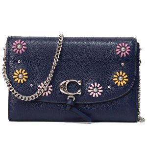 画像1: 【COACH】コーチ ぺブルレザー スムースレザー レミ ホイップステッチ デイジー 花柄 フラワー フローラル アップリケ リベット チェーン クロスボディ 斜め掛け 2WAY クラッチ ショルダーバッグ ミッドナイト（日本未発売）