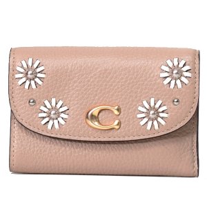 画像1: 【COACH】コーチ ぺブルレザー スムースレザー レミ ホイップステッチ デイジー フローラル フラワー 花柄 アップリケ ミディアム エンベロープ ウォレット 三つ折り財布 トープ（日本未発売）