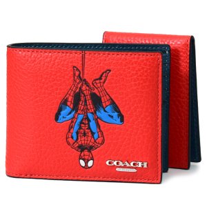 画像1: 【COACH】コーチ メンズ ペブルレザー スムースレザー マーベル コラボ ロゴ スパイダーマン カードケース付き ウォレット 二つ折り財布 マイアミレッド（日本未発売）