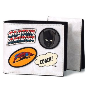 画像1: 【COACH】コーチ メンズ コーティングキャンバス スムースレザー シグネチャー マーベル コラボ  ブラックパンサー スパイダーマン パッチ カードケース付き ウォレット 二つ折り財布 チャークマルチ（日本未発売）