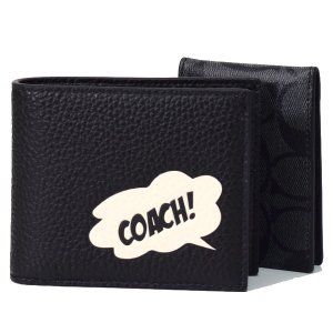 画像1: 【COACH】コーチ メンズ ペブルレザー コーティングキャンバス シグネチャー マーベル コラボ コーチ バブル カードケース付き ウォレット 二つ折り財布 チャコール×ブラック（日本未発売）