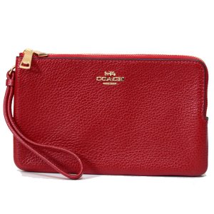 画像1: 【COACH】コーチ ペブルレザー ロゴ ダブルジップ ウォレット リストレット ポーチ レッド〔日本未発売〕