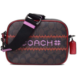 画像1: 【COACH】コーチ コーティングキャンバス ぺブルレザー シグネチャー デンプシー フェアアイル グラフィック カメラバッグ クロスボディ 斜め掛け 2way クラッチ ショルダーバッグ ブラウン×レッドマルチ（日本未発売）