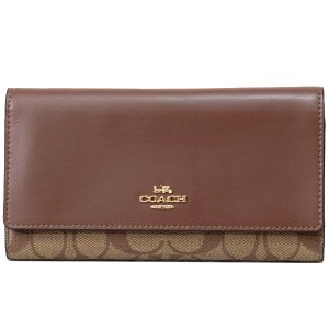 画像1: 【COACH】コーチ コーティングキャンバス スムースレザー シグネチャー 三つ折り 長財布 カーキ×サドル2（日本未発売）