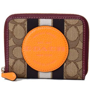 画像1: 【COACH】コーチ ジャガード ペブルレザー シグネチャー デンプシー ストライプ ロゴ パッチ スモール ジップ アラウンド ウォレット 二つ折り 財布 カーキ×サンビームマルチ〔日本未発売〕