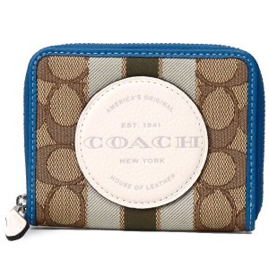 画像1: 【COACH】コーチ ジャガード ペブルレザー シグネチャー デンプシー ストライプ ロゴ パッチ スモール ジップ アラウンド ウォレット 二つ折り 財布 カーキ×チャーク×ペールグリーンマルチ〔日本未発売〕