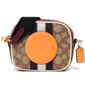 画像1: 【COACH】コーチ ジャガード ぺブルレザー シグネチャー ミニ デンプシー ストライプ ロゴ パッチ カメラバッグ クロスボディ 斜め掛け 2way クラッチ ショルダーバッグ カーキ×サンビームマルチ（日本未発売）