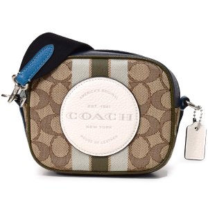 画像1: 【COACH】コーチ ジャガード ぺブルレザー シグネチャー ミニ デンプシー ストライプ ロゴ パッチ カメラバッグ クロスボディ 斜め掛け 2way クラッチ ショルダーバッグ カーキ×チャーク×ペールグリーンマルチ（日本未発売）