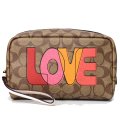 【COACH】コーチ コーティングキャンバス スムースレザー シグネチャー LOVE ラブ プリント リストレット クラッチ ボクシー コスメティック ケース 化粧ポーチ カーキ×チャークマルチ（日本未発売）