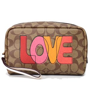 画像1: 【COACH】コーチ コーティングキャンバス スムースレザー シグネチャー LOVE ラブ プリント リストレット クラッチ ボクシー コスメティック ケース 化粧ポーチ カーキ×チャークマルチ（日本未発売）