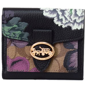 画像1: 【COACH】コーチ コーティングキャンバス ぺブルレザー シグネチャー ジョージー カフェ ファセット 花柄 フラワー フローラル スモール ウォレット 二つ折り財布 ブラック×グリーンマルチ×カーキ〔日本未発売〕