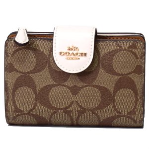 画像1: 【COACH】コーチ コーティングキャンバス スムースレザー シグネチャー ミディアム コーナー ジップ ウォレット 二つ折り財布 カーキ×チャーク（日本未発売）