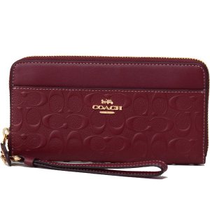 画像1: 【COACH】コーチ スムースカーフレザー シグネチャー 型押し リストレット アコーディオン ジップ ウォレット 長財布 ワイン（日本未発売）