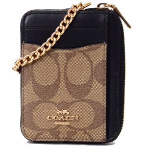 画像1: 【COACH】コーチ シグネチャー チェーン ロゴ ジップ カードケース カードポーチ 定期入れ 名刺入れ コインケース カーキ×ブラウンマルチ（日本未発売）