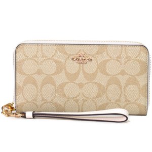 画像1: 【COACH】コーチ コーティングキャンバス スムースレザー シグネチャー リストレット ロング ジップ  アラウンド 長財布 ライトカーキ×チャーク（日本未発売）