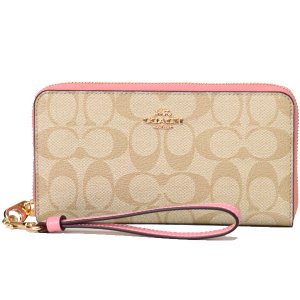 画像1: 【COACH】コーチ コーティングキャンバス スムースレザー シグネチャー リストレット ロング ジップ  アラウンド 長財布 ライトカーキ×バブルガム（日本未発売）