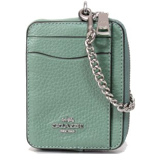 画像1: 【COACH】コーチ ぺブルレザー チェーン ロゴ ジップ カードケース カードポーチ 定期入れ 名刺入れ コインケース ウォッシュドグリーン（日本未発売）