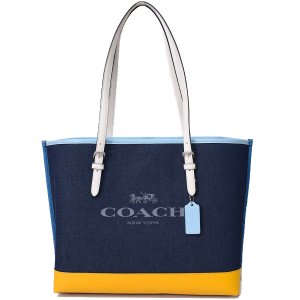 画像1: 【COACH】コーチ キャンバス スムースレザー モリー カラーブロック ロゴ ショルダー トートバッグ デニム×オーカーマルチ〔日本未発売〕