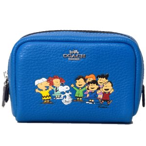 画像1: 【COACH】コーチ ぺブルレザー ピーナッツ コラボ スヌーピー アンド フレンズ ミニ ボクシー コスメティック ケース コスメポーチ 化粧ポーチ ビビッドブルー（日本未発売）