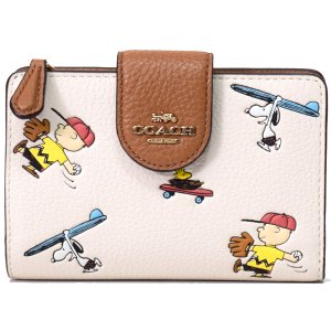 画像1: 【COACH】コーチ ぺブルレザー ピーナッツ コラボ スヌーピー スポーツ プリント ミディアム コーナー ジップ ウォレット 二つ折り財布 チャークマルチ