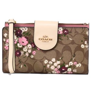 画像1: 【COACH】コーチ コーティングキャンバス スムースレザー シグネチャー エバーグリーン フローラル 花柄 プリント フォン iPhone スマホ テック ウォレット リストレット 財布 カーキマルチ〔日本未発売〕