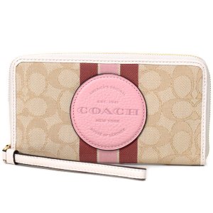 画像1: 【COACH】コーチ ジャガード ぺブルレザー シグネチャー デンプシー ストライプ ロゴ パッチ ラージ iPhone スマホ フォン ウォレット リストレット 財布 ライトカーキ×バニラクリームマルチ〔日本未発売〕