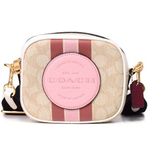 画像1: 【COACH】コーチ ジャガード ぺブルレザー シグネチャー ミニ デンプシー ストライプ ロゴ パッチ カメラバッグ クロスボディ 斜め掛け 2way クラッチ ショルダーバッグ ライトカーキ×バニラクリームマルチ（日本未発売）