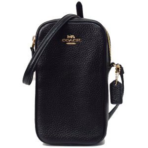 画像1: 【COACH】コーチ ぺブルレザー ノース サウス ロゴ ジップ クロスボディ フォン ポーチ 斜めがけ ショルダーバッグ  ブラック（日本未発売）