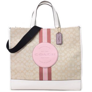 画像1: 【COACH】コーチ ジャガード ぺブルレザー シグネチャー デンプシー ラージ トート 40 ストライプ ロゴ パッチ 2WAY ショルダー トートバッグ ライトカーキ×パウダーピンクマルチ〔日本未発売〕