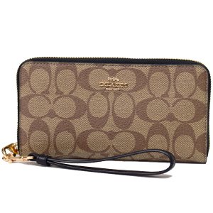 画像1: 【COACH】コーチ コーティングキャンバス スムースレザー シグネチャー リストレット ロング ジップ  アラウンド 長財布 カーキ×ブラック（日本未発売）