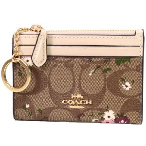 画像1: 【COACH】コーチ コーティングキャンバス スムースレザー シグネチャー エバーグリーン 花柄 フラワー フローラル プリント キーリング付き ミニ スキニー IDケース コインケース カーキマルチ（日本未発売）