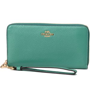 画像1: 【COACH】コーチ ぺブルレザー ロゴ リストレット ロング ジップ アラウンド 長財布 グリーン（日本未発売）