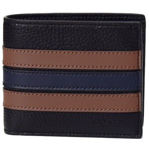 画像1: 【COACH】コーチ メンズ ぺブルレザー スムースレザー バーシティー ストライプ スリーインワン ウォレット 二つ折り財布＆カードケース 2点セット ブラック×サドル×ミッドナイト（日本未発売）