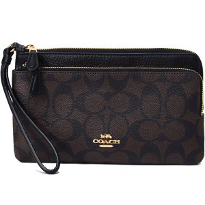 画像1: 【COACH】コーチ コーティングキャンバス ペブルレザー シグネチャー ロゴ ダブルジップ ウォレット リストレット ポーチ ブラウン×ブラック〔日本未発売〕