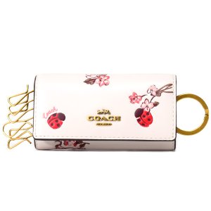 画像1: 【COACH】コーチ カーフレザー レディーバグ てんとう虫 フローラル フラワー 花柄 プリント 6連 リング スマートキー対応 キーケース チャーク×パウダーピンクマルチ