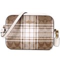 【COACH】コーチ コーティングキャンバス スムースレザー シグネチャー ハンティング フィッシング プレイド チェック柄 プリント ミニ カメラバッグ クロスボディ ショルダーバッグ カーキ×チャークマルチ（日本未発売）