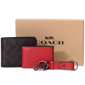 画像1: 【COACH】コーチ メンズ コーティングキャンバス カーフレザー シグネチャー 二つ折り財布+カードケース（定期入れ）+キーホルダー 豪華3点セット マホガニー×ブライトカーディナル（日本未発売）