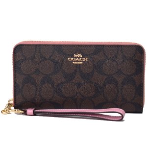 画像1: 【COACH】コーチ コーティングキャンバス スムースレザー シグネチャー リストレット ロング ジップ  アラウンド 長財布 ブラウン×トゥルーピンク（日本未発売）