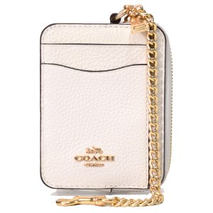 画像1: 【COACH】コーチ ぺブルレザー チェーン ロゴ ジップ カードケース カードポーチ 定期入れ 名刺入れ コインケース チャーク（日本未発売）