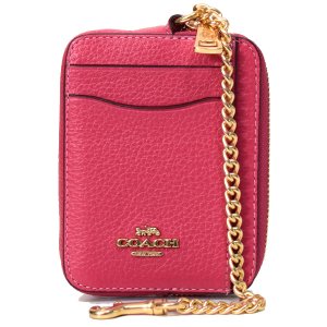 画像1: 【COACH】コーチ ぺブルレザー チェーン ロゴ ジップ カードケース カードポーチ 定期入れ 名刺入れ コインケース ストロベリーヘイズ（日本未発売）