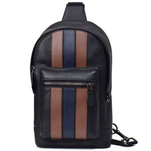 画像1: 【COACH】コーチ メンズ ぺブルレザー スムースレザー バーシティー ストライプ ウエスト パック ワンショルダー バックパック ボディバッグ ブラック×サドル×ミッドナイト〔日本未発売〕